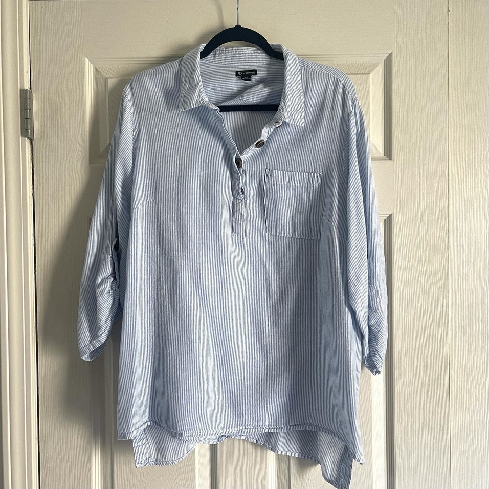 Women's‎ 3X Linen Cotton Tunic Blouse Blue White Stripe Roll Tab Sleeves